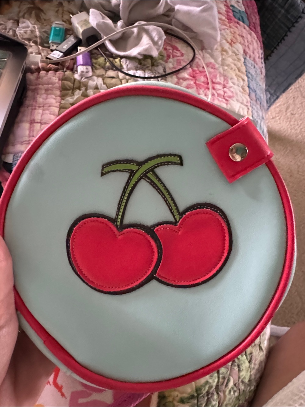 Y2K Round Cherry Appliqué CD Case - Mint & Red